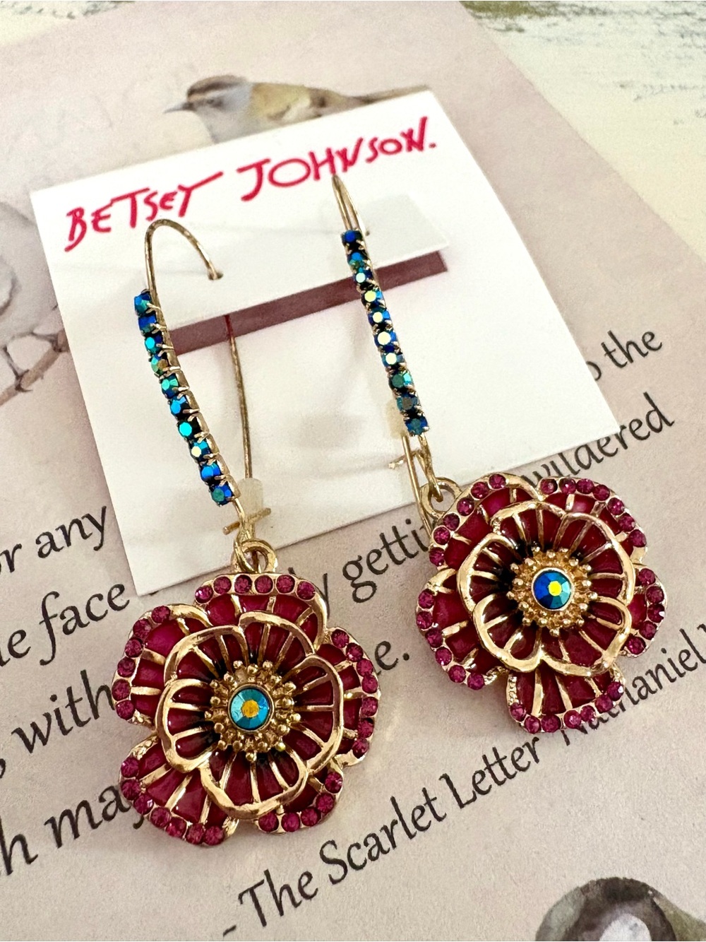 NWT Betsey Johnson Pink Flower Dangle Earrings Iridescent Crystal